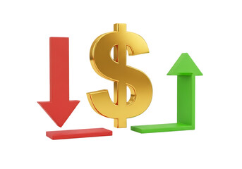 Obraz premium Golden dollar sign with up and down arrows isolated on transparent background