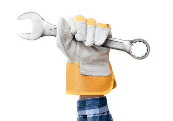 hand in work glove holding wrench, on white isolated background