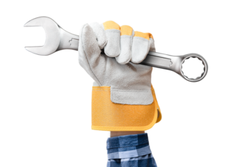hand in work glove holding wrench, on white isolated background