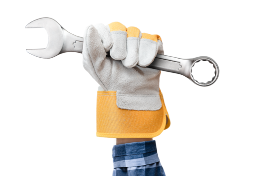 hand in work glove holding wrench, on white isolated background