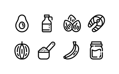 Set of linear healthy food icons featuring nuts, seeds, and oils