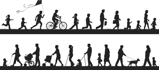 Silhouettes, walking, running, biking, kite flying, stroller, dog walking, children, vector, black, outdoor, activity