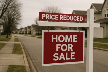 Obraz premium Home for Sale with Price Reduced Sign in Suburban Neighborhood