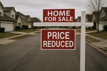 Home For Sale Price Reduced Sign In Neighborhood