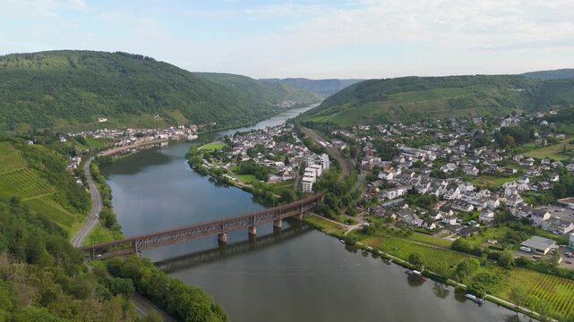 Zeller Hamm, Petersberg, aerial panorama view over Moselle valley, vineyards, mountain range of Eifel and Hunsrueck, Mosel river loop near Zell, Germany