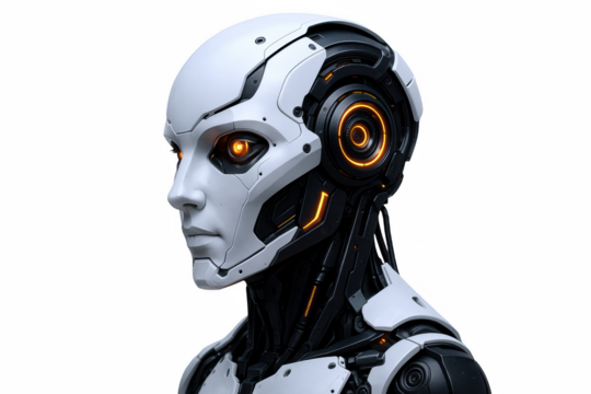 Detailed Profile of a Futuristic White Robot Head with Glowing Orange Eyes and Intricate Mechanical Neck Components