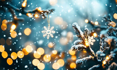 Fototapeta premium Christmas and New Year background with festive decorations, snowflakes, and holiday-themed elements. Ideal for greeting cards, invitations, and seasonal designs.