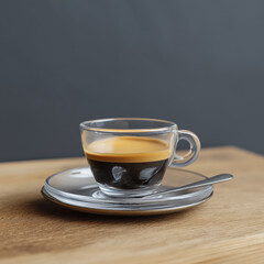 Clear glass cup filled with black coffee on matching glass saucer with small spoon, placed on wooden surface with dark background