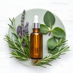 A clear glass bottle with a cork stopper, filled with clear liquid, is artfully arranged with various green leaves and sprigs on a white background.