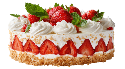 White chocolate strawberry yogurt cake decorated with fresh fruits and chocolate chunk on wood table. Delicious and sweet pink cake for Valentines or birthday party. Homemade bakery concept.