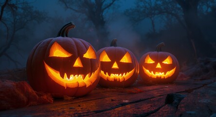 Spooky Halloween Jack-o-lanterns Glowing in Dark Forest Night