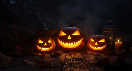 Spooky Halloween Jack-o-lanterns Lit Pumpkins, Witch Hat, Autumn Leaves Candlelight