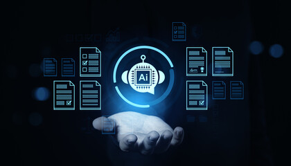 Futuristic AI and digital document management concept with glowing circuit icon and floating files over a human hand on dark background interface.