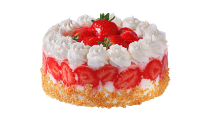 White chocolate strawberry yogurt cake decorated with fresh fruits and chocolate chunk on wood table. Delicious and sweet pink cake for Valentines or birthday party. Homemade bakery concept.