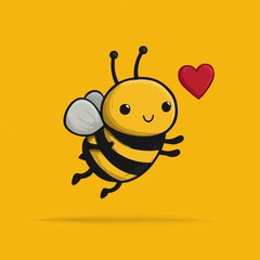 Cute cartoon bee character with love heart on pastel background, kawaii style flat vector illustration with simple shapes, solid colors, and clean lines