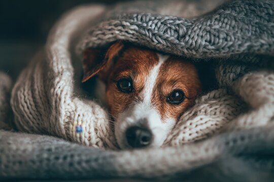 Cozy dog wrapped in a warm blanket while resting peacefully indoors during a chilly day