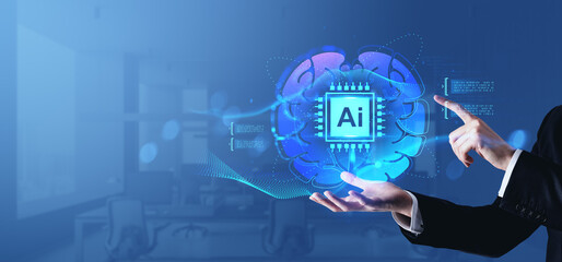 Businessman presenting AI brain hologram interface in futuristic workspace environment.