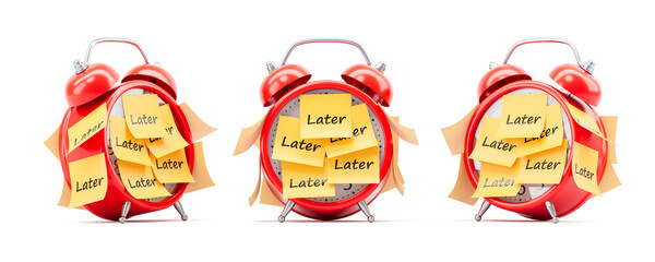Red alarm clocks covered with sticky notes reading "Later" symbolizing procrastination concept on white background. 3D Rendering. 3D Rendering
