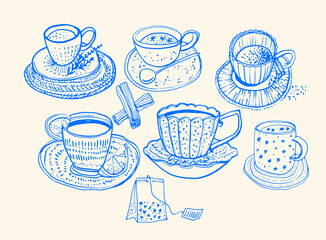 Collection of Hand-Drawn Tea Cups and Saucers with Various Ingredients