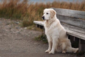 Golden retriever sitting quietly on a wooden bench in a serene outdoor setting during the late afternoon