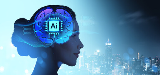 Woman with AI brain hologram overlay and cityscape background at