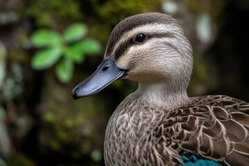 Close-up of a beautiful duck with intricate feathers standing by a lush green background in a tranquil environment