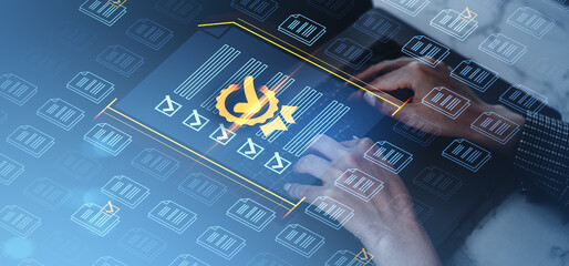 Digital compliance checklist with data documents on transparent interface concept.