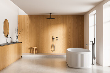 Modern minimalist bathroom interior design with wooden wall panels, oval bathtub, and elegant fixtures in neutral tones, natural lighting concept. 3D Rendering