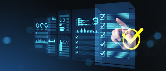 Digital checklist interface with hand interaction and futuristic data analytics dashboard concept on dark background.