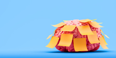 Human brain covered with yellow sticky notes symbolizing memory overload or task reminder concept on blue background. 3D Rendering. 3D Rendering