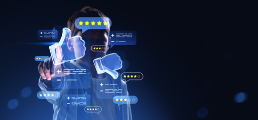 Kid interacting with futuristic digital thumbs up and star ratin