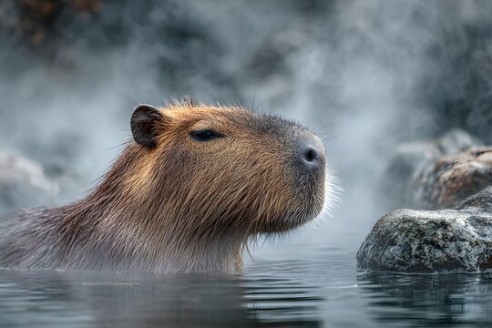 Capybara in hot spring - copy space in water steam.