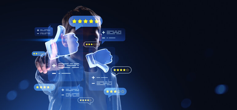 Kid interacting with futuristic digital thumbs up and star ratin