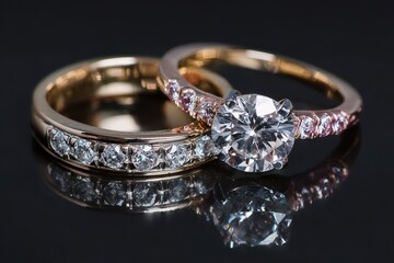 Elegant engagement and wedding rings displayed on a dark reflective surface showcasing intricate designs and sparkling gemstones