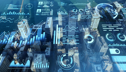 Digital data analytics overlay on Chicago downtown skyline with lake view.