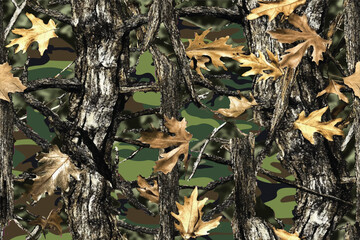 An ultra-realistic photograph of a camouflage pattern with tree trunks and leaves, on a green-colored background, in high resolution and with high levels of detail