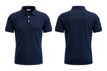 Navy blue polo shirt mockup front and back isolated on white background casual men's apparel.