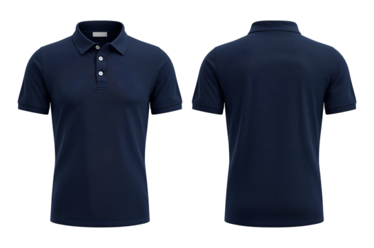 Navy blue polo shirt mockup front and back isolated on white background casual men's apparel.
