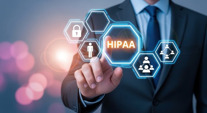 HIPAA Compliance Concept: Businessman Touching Virtual Screen with Cybersecurity Icons for Data Protection and Healthcare Regulations - Powered by Adobe
