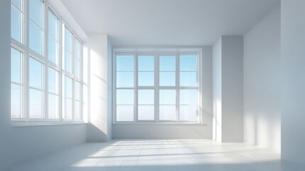 Obraz premium Bright Empty Room with Large Windows, Clean White Walls, and Natural Light - Interior Design Stock Photo