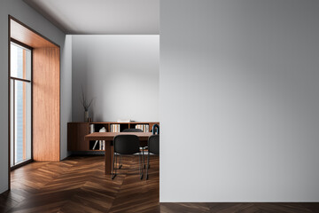 Modern interior with wooden furniture, large window and empty wall for poster mockup in clean minimalist room layout. 3D Rendering. 3D Rendering