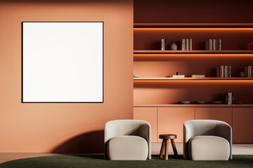 Modern minimalist interior with blank poster on warm orange wall and cozy seating area beside illuminated shelving unit for artwork or design mockup. 3D Rendering