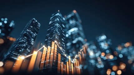 Cityscape Financial Growth: Upward Graph with Skyscrapers and Business Data Visualization at Night