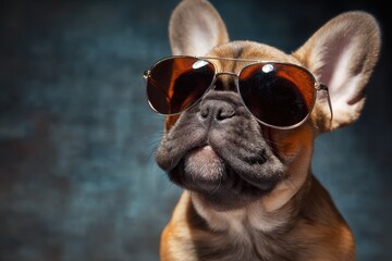 Cool dog wearing sunglasses poses confidently against a dark backdrop in a studio setting