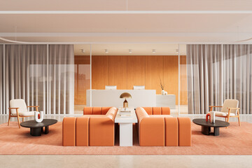 Modern office reception interior with orange seating, wood panel wall, and minimalist decor in warm tones and soft lighting. Concept of corporate design. 3D Rendering