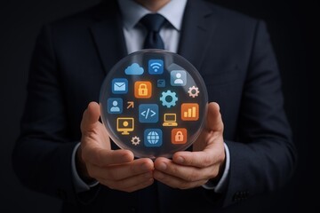 Businessman holding digital icons in sphere, symbolizing innovative technology solutions and advanced business management.