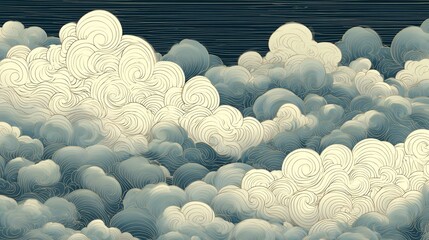 An intricate composition of swirling clouds, rendered in a traditional East Asian style, evokes a sense of serene vastness and timeless beauty through delicate linework and muted tones.