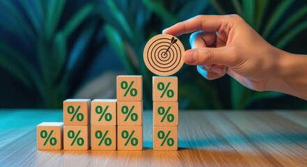 Achieving Growth: Hand Places Target on Percentage Blocks Representing Financial Success and Objectives