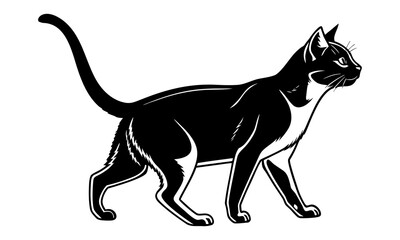 Walking black cat vector illustration. Stylized feline in profile for a logo or icon