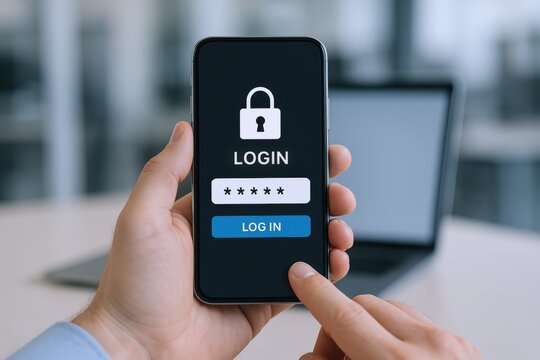 Secure Mobile Login: Man Activating Smartphone Security with Lock Icon and Password Protected Access